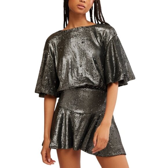 Free People Manuka Sequin Mini Dress Silver Black Size L MSRP $168 - Picture 6 of 6